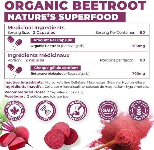 160 Capsules of High Potency Organic Beetroot | 1,400mg per serving (700mg per capsule x2)