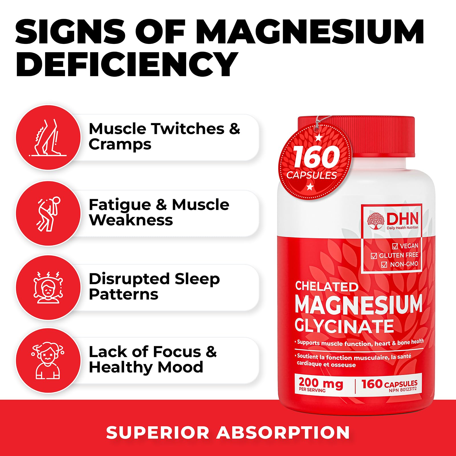 DHN Chelated Magnesium Glycinate Capsules - Promotes Energy Metabolism, Healt...