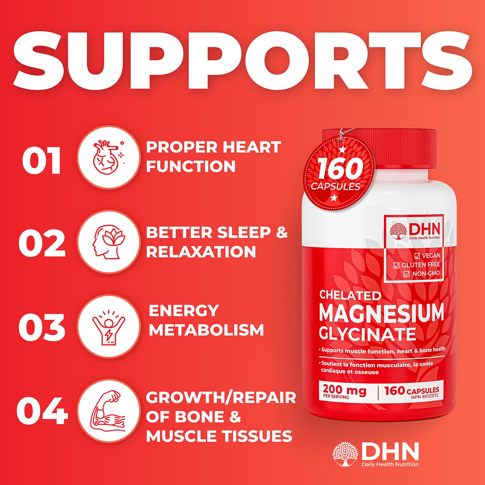 DHN Chelated Magnesium Glycinate Capsules - Promotes Energy Metabolism, Healt...